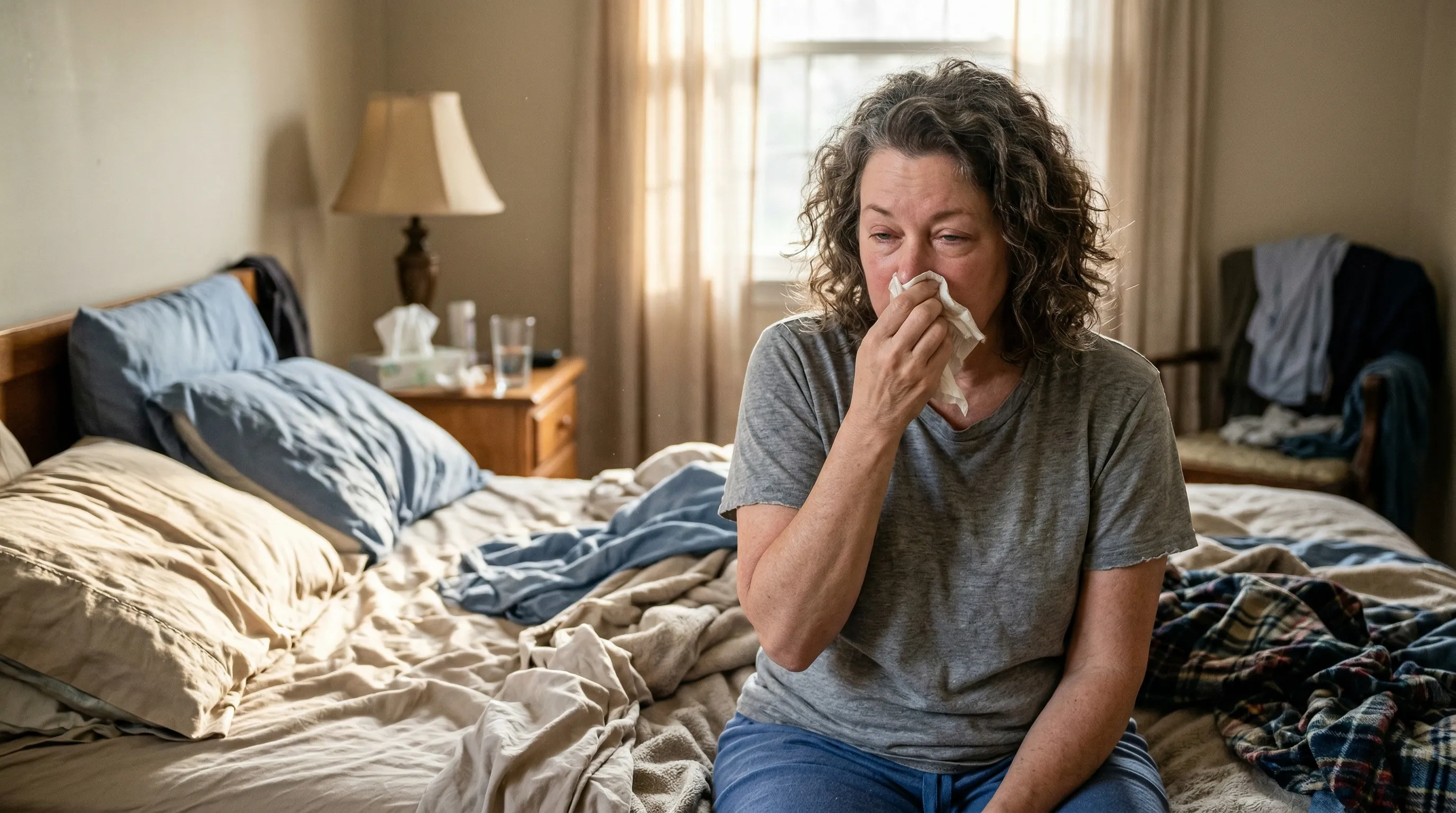 Woman with morning allergy symptoms from dust mites