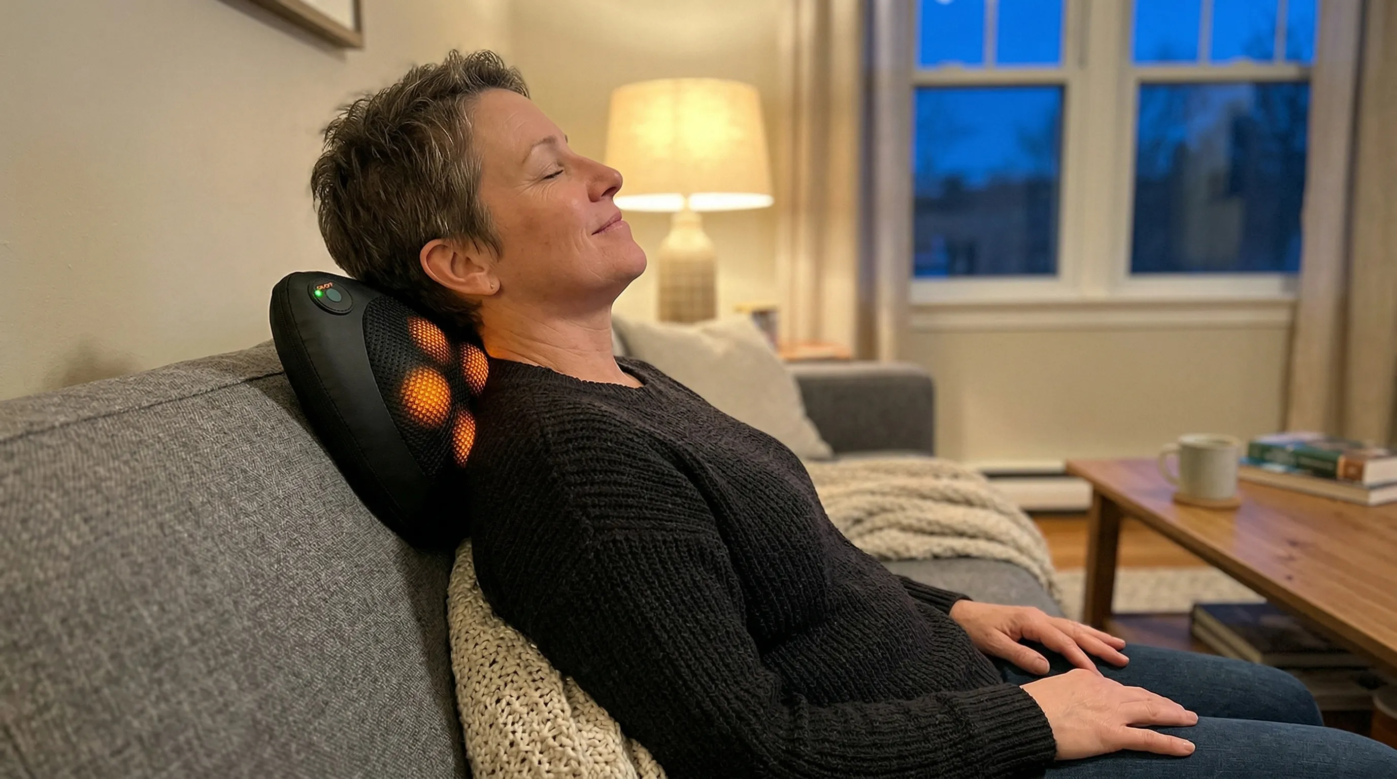 Woman using ThermaKai neck massager at home