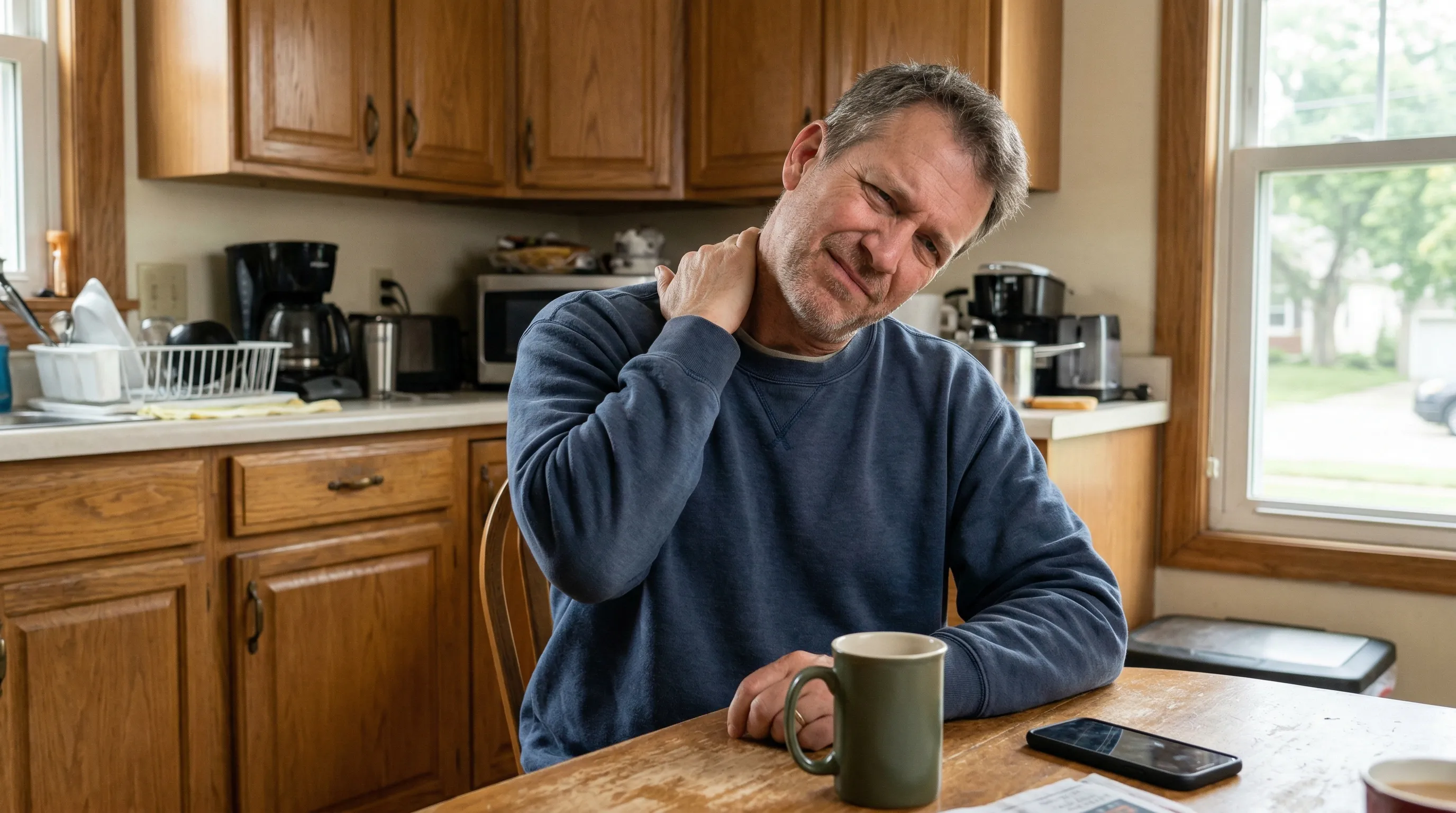 Man with neck pain at breakfast