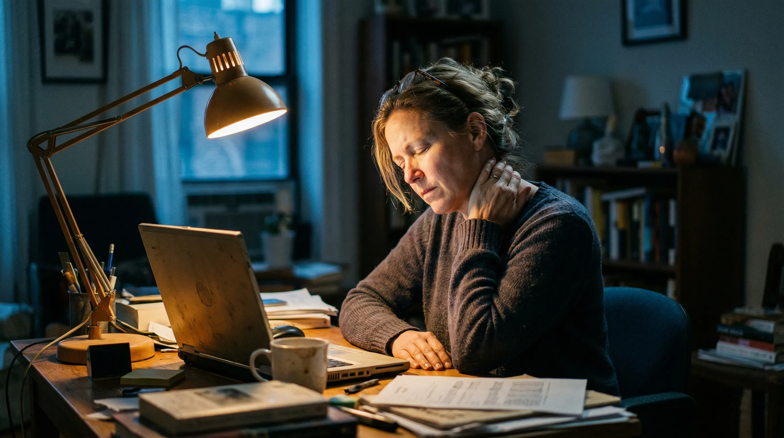 Woman with chronic neck tension at desk